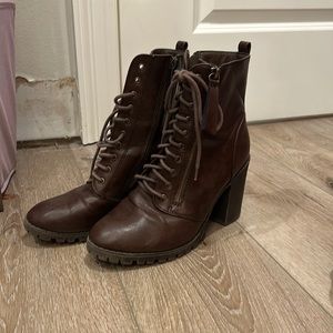 Brown, combat boots, heels, worn, 8